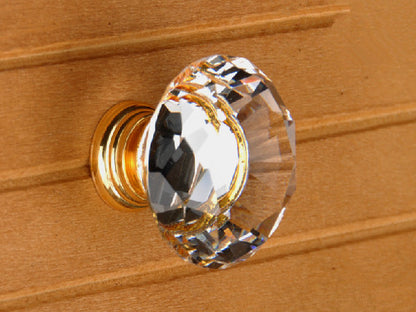 Glass Drawer Knob with Clear Polished Gold Base, Cabinet Door Pull, Kitchen Hardware