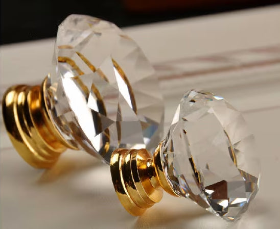 Glass Drawer Knob with Clear Polished Gold Base, Cabinet Door Pull, Kitchen Hardware