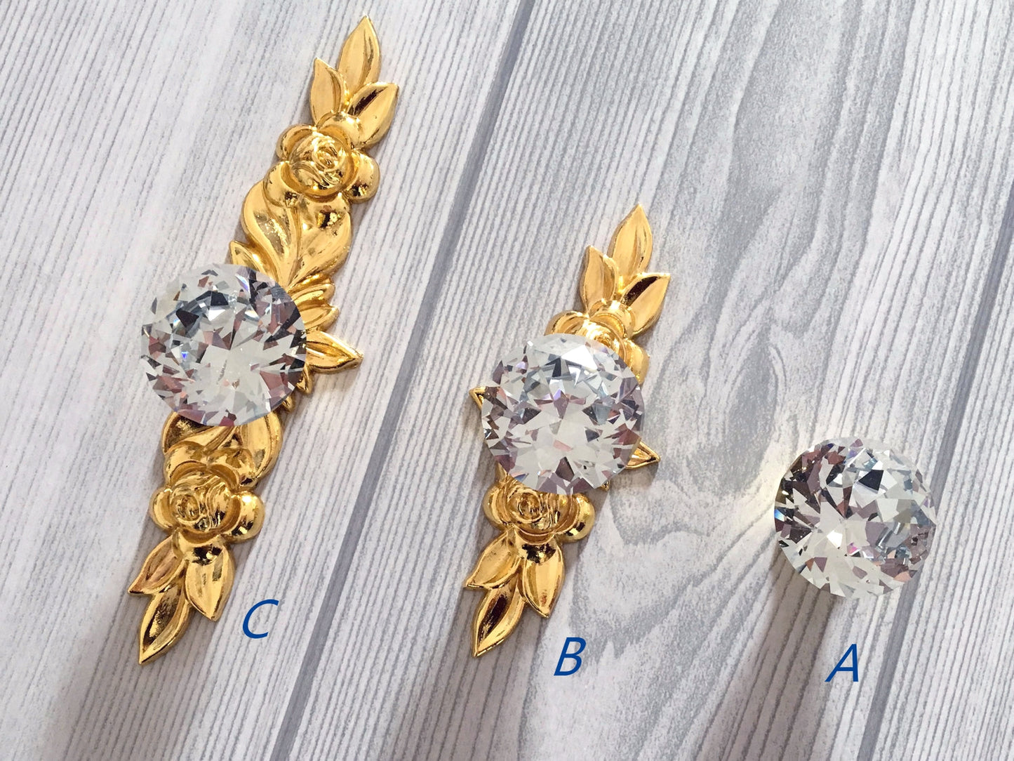 Ornate Crystal Glass Drawer Knob with Floral Gold Backplate