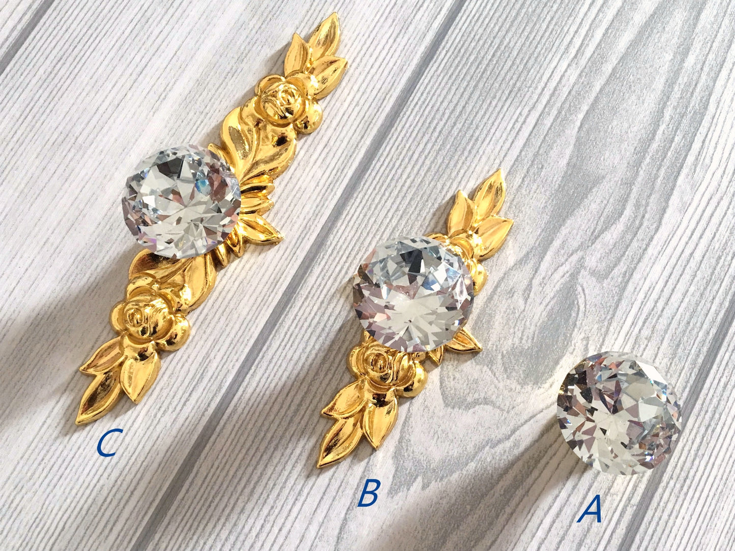 Ornate Crystal Glass Drawer Knob with Floral Gold Backplate