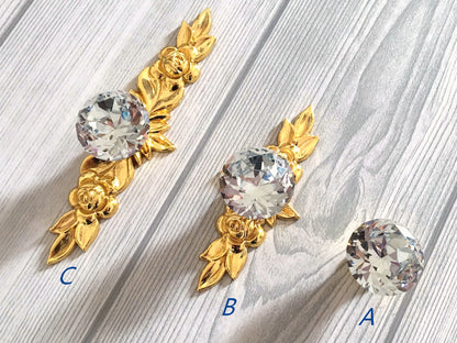 Ornate Crystal Glass Drawer Knob with Floral Gold Backplate