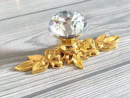 Ornate Crystal Glass Drawer Knob with Floral Gold Backplate