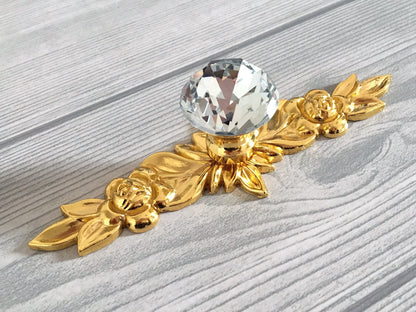 Ornate Crystal Glass Drawer Knob with Floral Gold Backplate