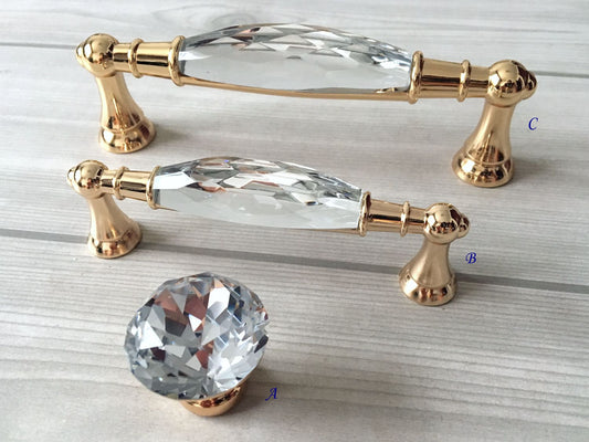 3.75" 5" Gold Crystal Cupboard Pull, Glass Cabinet Handle
