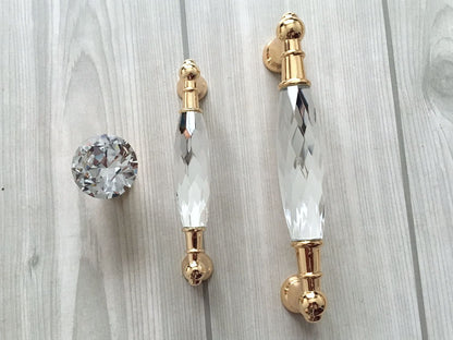 3.75" 5" Gold Crystal Cupboard Pull, Glass Cabinet Handle