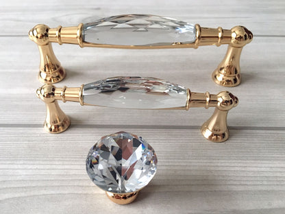 3.75" 5" Gold Crystal Cupboard Pull, Glass Cabinet Handle