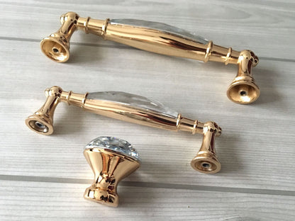 3.75" 5" Gold Crystal Cupboard Pull, Glass Cabinet Handle