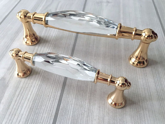 3.75" 5" Crystal Drawer Pull, Glass Cabinet Pulls, Gold Silver Modern Hardware