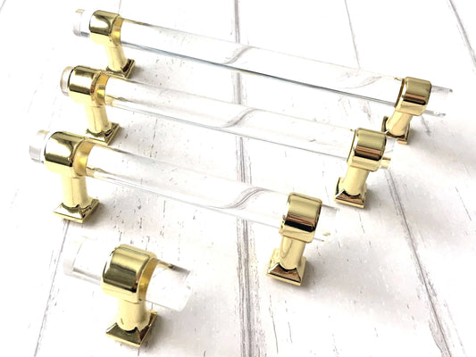 Acrylic Drawer Handles, Lucite Cabinet Pulls, Polished Gold Clear, Kitchen Hardware