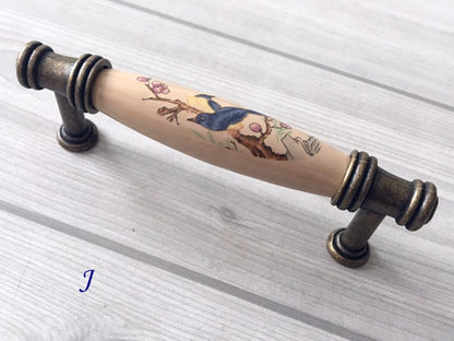 3" 3.75" 5" Flower Bird Porcelain Drawer Pulls Cabinet Handle, Tan Bronze