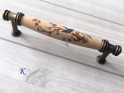 3" 3.75" 5" Flower Bird Porcelain Drawer Pulls Cabinet Handle, Tan Bronze