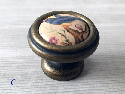 3" 3.75" 5" Flower Bird Porcelain Drawer Pulls Cabinet Handle, Tan Bronze