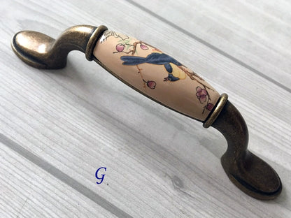 3" 3.75" 5" Flower Bird Porcelain Drawer Pulls Cabinet Handle, Tan Bronze