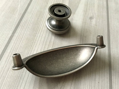 3" 76 mm Centers Pewter Cup Drawer Pull & Knob