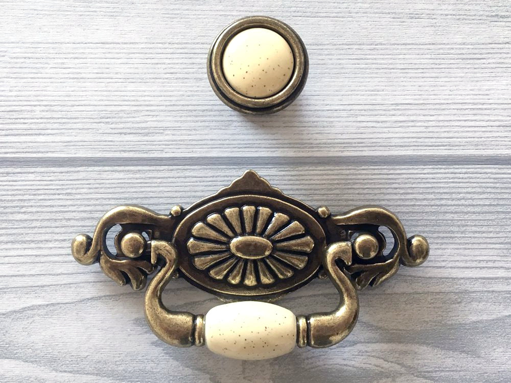 2-1/4" Drop Bail Dresser Pull, Swing Drawer Handle, Ceramic Knob, Ivory Cream Antique Bronze