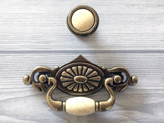 2-1/4" Drop Bail Dresser Pull, Swing Drawer Handle, Ceramic Knob, Ivory Cream Antique Bronze
