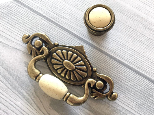 2-1/4" Drop Bail Dresser Pull, Swing Drawer Handle, Ceramic Knob, Ivory Cream Antique Bronze