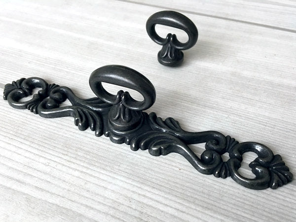 Vintage Look Antique Black Ring Drawer Pull with Backplate