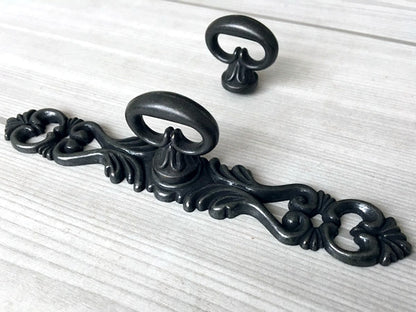 Vintage Look Antique Black Ring Drawer Pull with Backplate