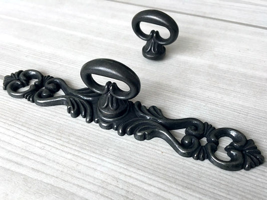 Vintage Look Antique Black Ring Drawer Pull with Backplate