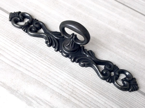 Vintage Look Antique Black Ring Drawer Pull with Backplate