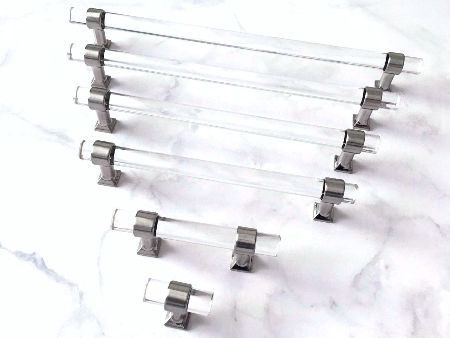 Acrylic Brushed Nickel Steel Drawer Pulls, Lucite Cabinet Handles