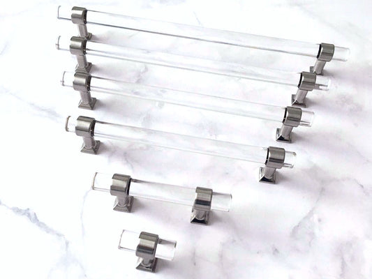 Acrylic Brushed Nickel Steel Drawer Pulls, Lucite Cabinet Handles