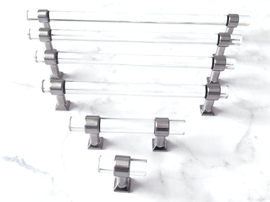 Acrylic Brushed Nickel Steel Drawer Pulls, Lucite Cabinet Handles