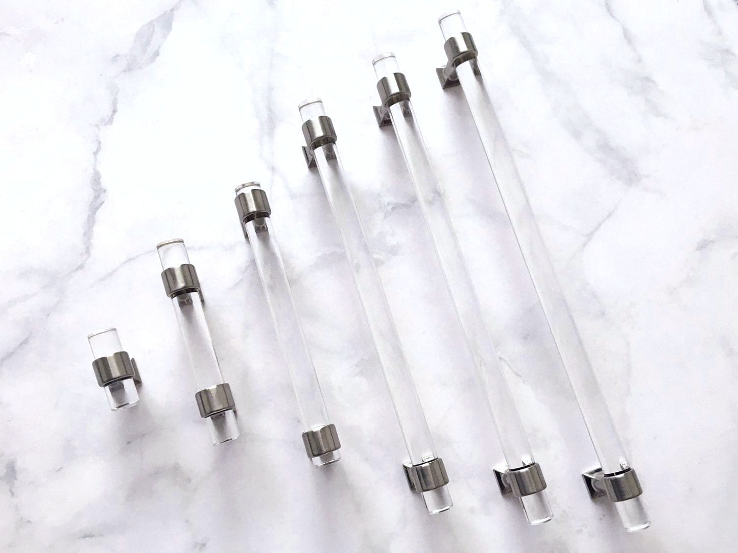 Acrylic Brushed Nickel Steel Drawer Pulls, Lucite Cabinet Handles
