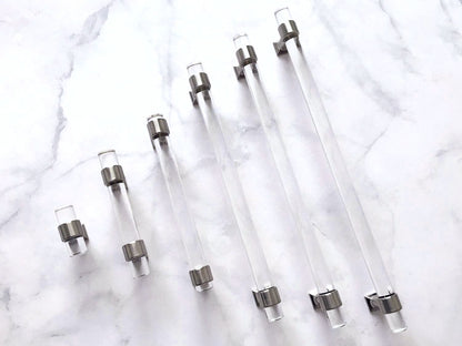 Acrylic Brushed Nickel Steel Drawer Pulls, Lucite Cabinet Handles