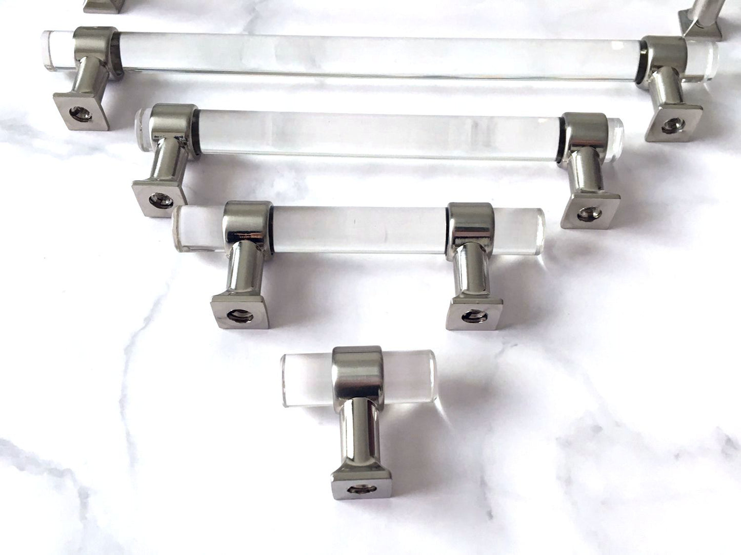 Acrylic Brushed Nickel Steel Drawer Pulls, Lucite Cabinet Handles
