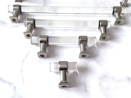 Acrylic Brushed Nickel Steel Drawer Pulls, Lucite Cabinet Handles