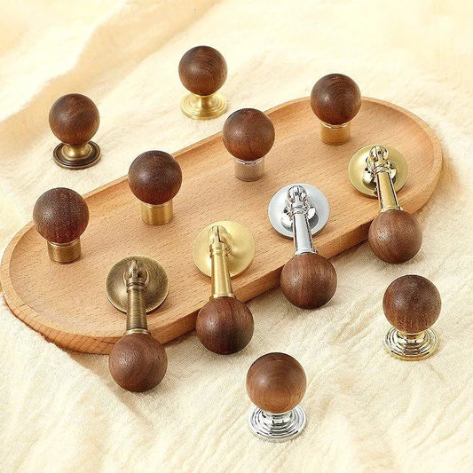 Wood Brass Drawer Knob, Pendant Walnut Cabinet Pull, Japandi Kitchen Hardware