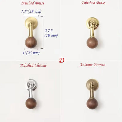 Walnut Brass Cabinet Knob, Pendant Wooden Drawer Pull, Oriental Retro Kitchen Hardware