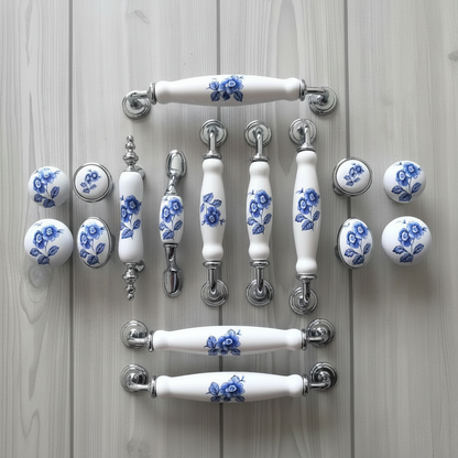 Blue & White Floral Ceramic Drawer Pull Handles & Knobs