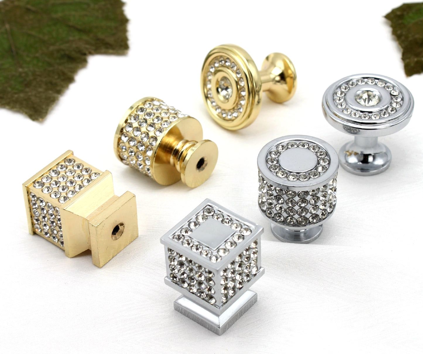 Crystal Drawer Pulls, Rhinestone Cabinet Knobs, Polished Chrome, Gold, Round, Cylinder, Square