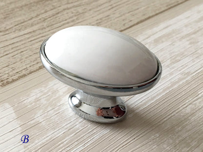 Oval Ceramic Knob in Silver and White by Lynns Hardware
