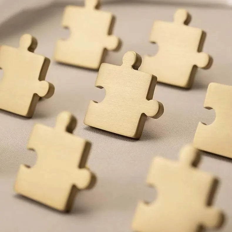 Puzzle Piece Brass Knobs, Nursery Dresser Pull, Kids Cabinet Hardware, Gold Polished Chrome