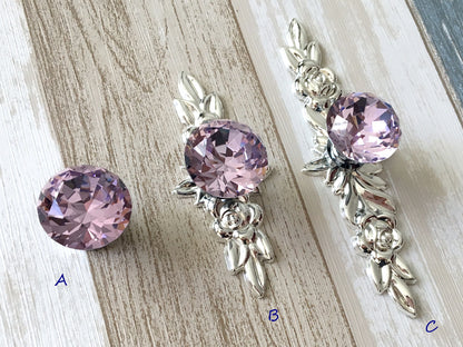 Pink Glass Drawer Knob with Floral Backplate, Polished Silver