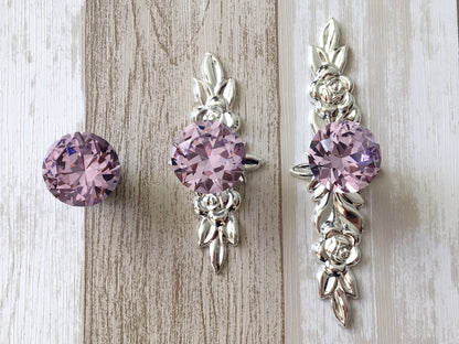 Pink Glass Drawer Knob with Floral Backplate, Polished Silver