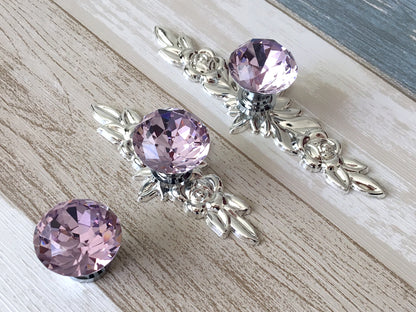 Pink Glass Drawer Knob with Floral Backplate, Polished Silver