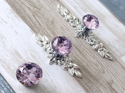 Pink Glass Drawer Knob with Floral Backplate, Polished Silver