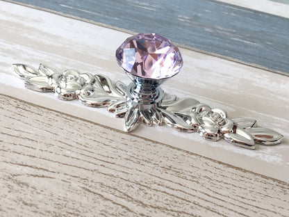 Pink Glass Drawer Knob with Floral Backplate, Polished Silver