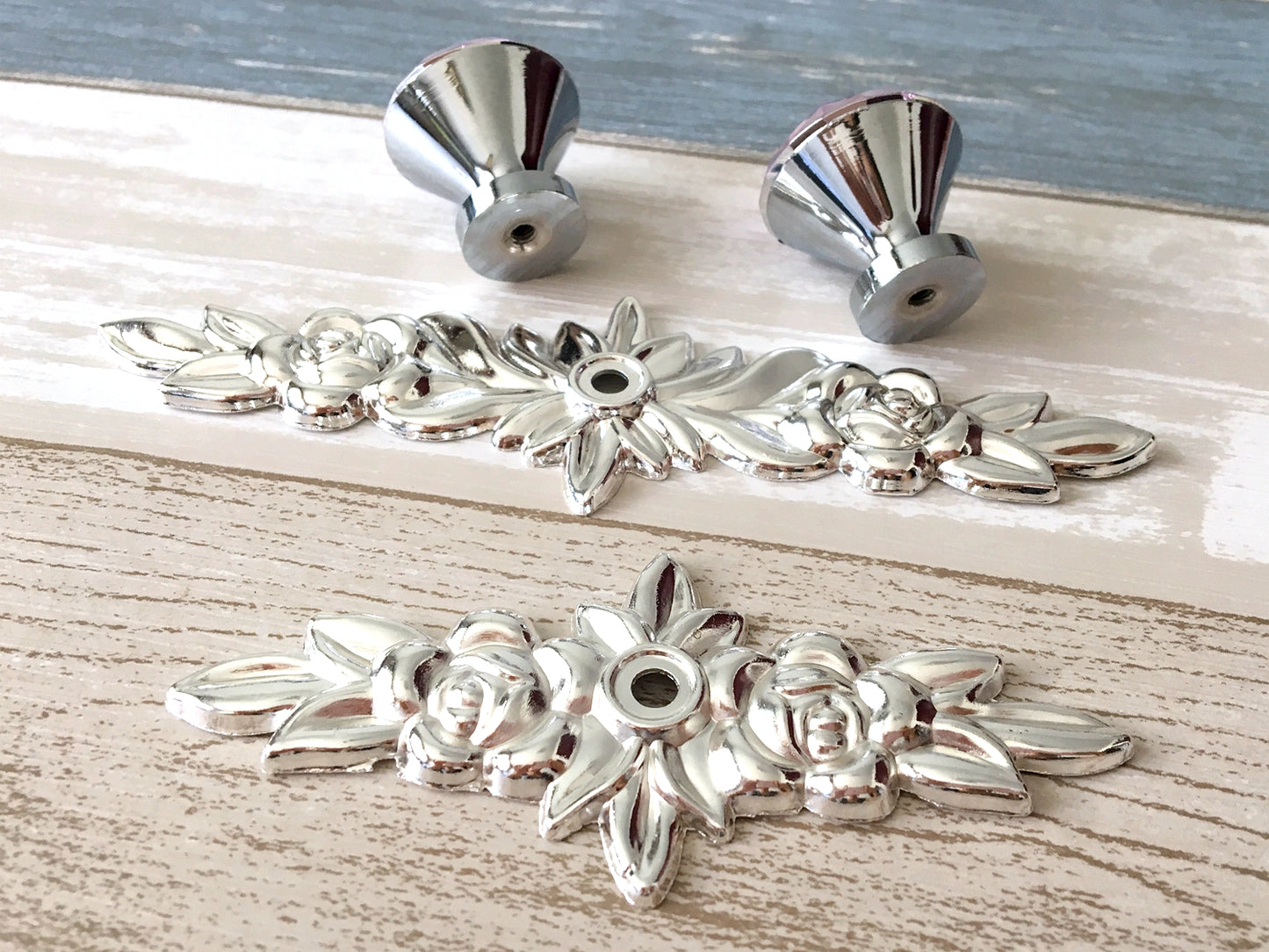 Pink Glass Drawer Knob with Floral Backplate, Polished Silver