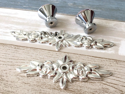 Pink Glass Drawer Knob with Floral Backplate, Polished Silver