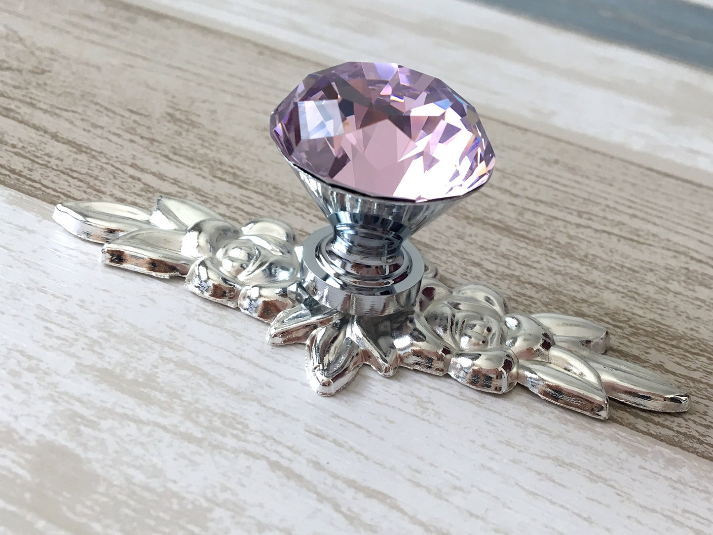 Pink Glass Drawer Knob with Floral Backplate, Polished Silver