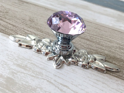 Pink Glass Drawer Knob with Floral Backplate, Polished Silver