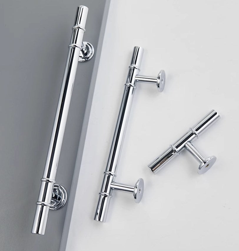 3.75" 5" Brass Cabinet T Bar Handle & Knob, Polished Chrome