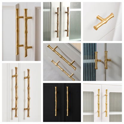Asian-inspired Bamboo Cabinet Pulls 5" 6.25", Solid Brass, Polished Brass / Chrome / Antique Bronze