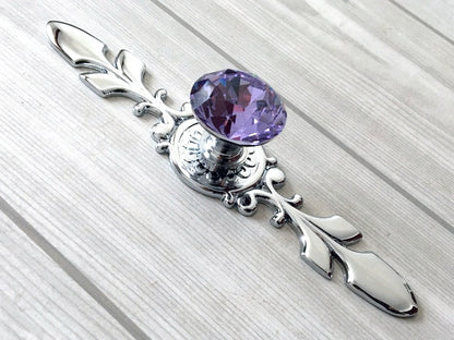 Purple Glass Drawer Knobs with Backplate, Lila Crystal Cabinet Hardware